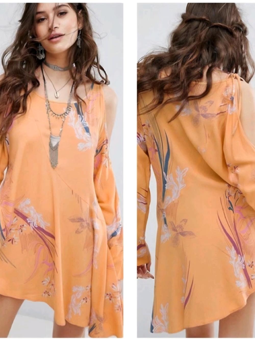 Free People Boho Floral Cold-Shoulder Tunic Dress - Orange